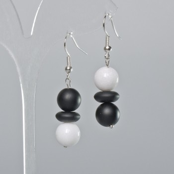 Earrings with Shungite and White Agate (Synthetic) Smooth Bead, Rondelle, 10 mm diameter, approx. 45 mm length