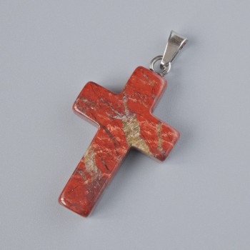 Pendant "Cross" Red Jasper natural stone, diameter 25x18 mm, length 34 mm