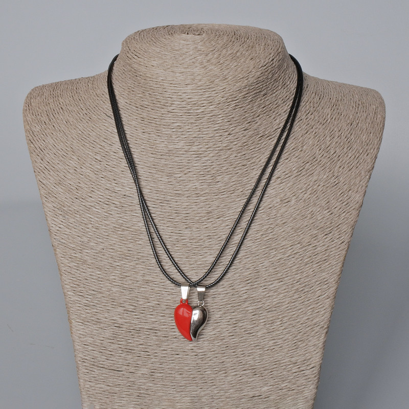 Pair of pendants 'Heart' on magnet, red enamel, silver-colored metal 22x17, 5 mm + -, length 45-50 cm+