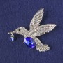 Brooch-Pendant Hummingbird with Blue Crystal, Chameleon Rhinestones, Silver Metal 47x52mm+