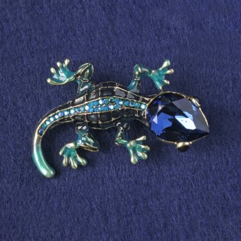 Exquisite 'Gecko' Brooch-Pendant with Blue Enamel, Blue Crystal, Blue Rhinestones, Gold-Tone Metal 31x50mm+
