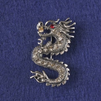 Dragon brooch pendant with white crystals, silver-toned metal 40x23mm +