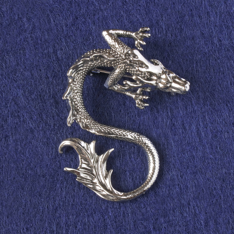Dragon brooch pendant, silvered metal 44x30mm +