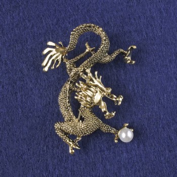 Dragon Brooch-Pendant with White Bead, Golden Metal 53×43 mm +