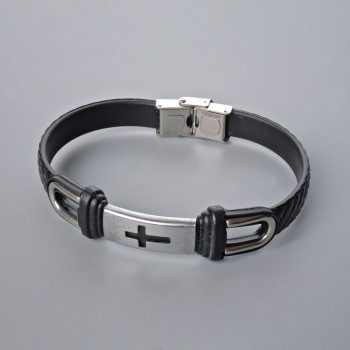Men's bracelet with metal inserts, length 21 cm, thickness 10.5 mm, insert thickness 11 mm, black eco-leather