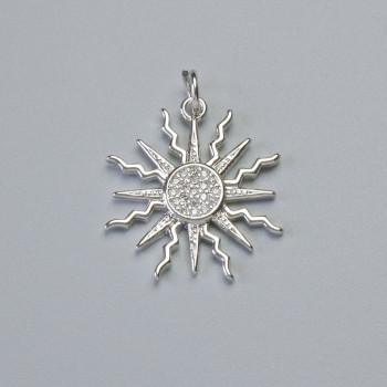 Pendant "Sun" with white crystals, silver metal, diameter 21x20mm+