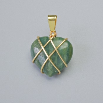Pendant "Heart" Moss Agate in golden wire wrap, diameter 20×20 mm, length 30 mm