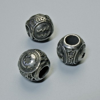 Bead-insert Aquarius zodiac sign, diameter 9x10 mm, hole diameter 4.3 mm, dark-silver metal color, 1 pc