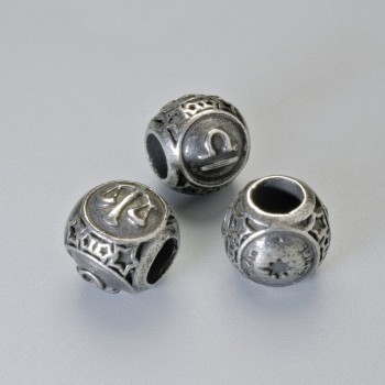 Bead-insert with zodiac sign 'Libra', diameter 9×10 mm ±, hole diameter 4.3 mm, dark-silver metal color, 1 pc