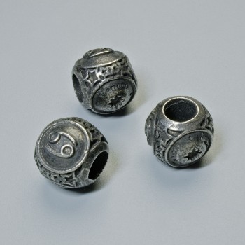 Bead-insert Fittings Zodiac Sign Cancer, diameter 9x10 mm, hole diameter 4.3 mm, dark-silver metal color, 1 pc