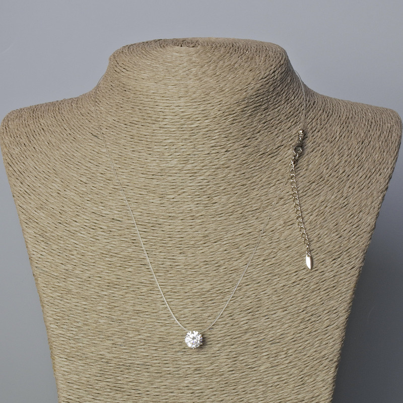 Xuping Pendant with White Crystal on Transparent Thread, 8.5 mm Ø, 0.8 mm Thick, 45–50 cm Length, Rhodium-Plated