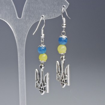 Earrings 'Coat of Arms', diameter 15 mm ± with Citrine and Aquamarine beads, bead diameter 6.5 mm ±, length 60 mm ±, silvery metal color