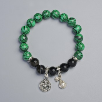Bracelet with Malachite (pressed) and Black Agate, smooth beads, 10 mm diameter ± (stretch), length 18 cm ± with metal inserts