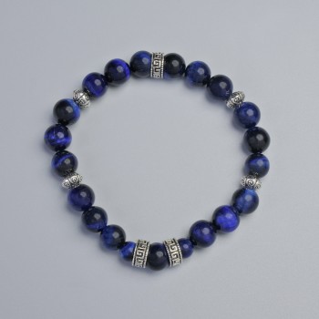 Blue Cat's Eye Bracelet with smooth beads, 8.5 mm diameter ± (stretch), length 18 cm ± with metal inlays