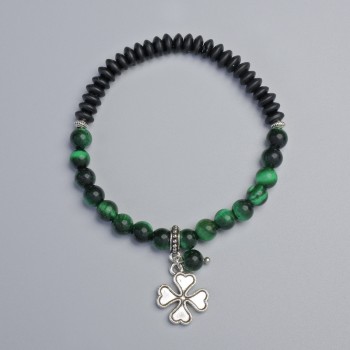 Bracelet of green cat's eye and shungite, diameter 6.5 mm, 6.5×3 mm ± (stretch), length 18 cm ± with metal inserts