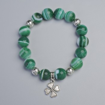 Green Agate Bracelet with Smooth Beads, 12 mm Diameter ± (Stretch), Length ±18 cm ± with Metal Inserts