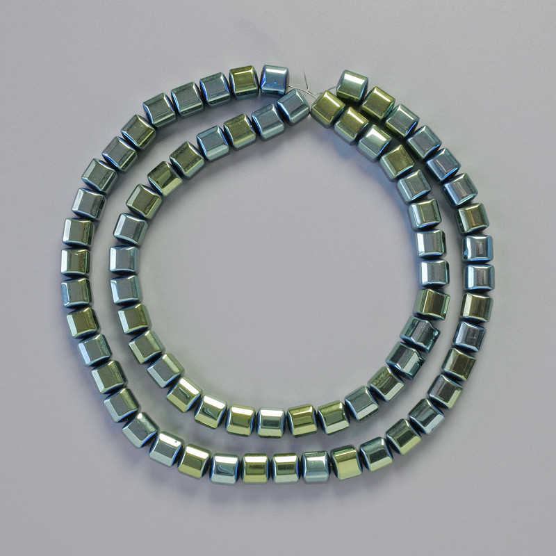 Hematite Beads Cube-Shaped Green Chameleon Color, Diameter 6x6 mm, Length 41 cm, Strand