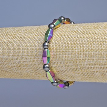 Gasoline-colored hematite bracelet with bicones, 13×7 mm ±, and black beads, 6 mm ±, 18 cm length, stretch bracelet