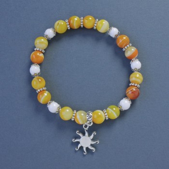 Yellow and White Agate Bracelet with Smooth Beads, 8 mm and 6 mm Diameters, 18 cm Length ±, Elastic with Sun Pendant