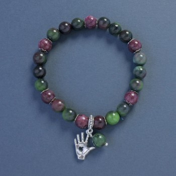 Tourmaline and Jasper Bracelet with Smooth Beads, 8 mm Diameter, 18 cm Length, Elastic Stretch with Palm Pendant