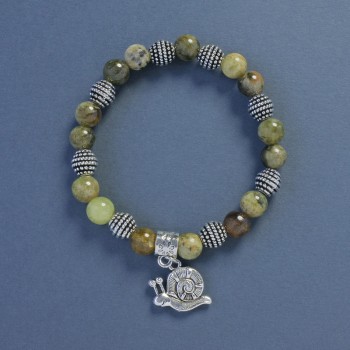 Green Grossular Garnet Bead Bracelet, 8 mm diameter, 18 cm length, Elastic with Snail Pendant