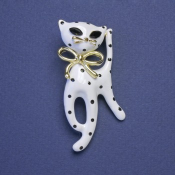 Brooch Cat, white and black enamel with black rhinestones, gold-tone metal 55x25mm+