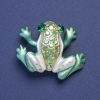 Frog brooch pendant green and white enamel with crystals, petrol-gold metal color, 35x28mm +