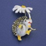 Hedgehog Brooch with White Flower, White Enamel, Gold-Colored Metal, 28×32 mm +