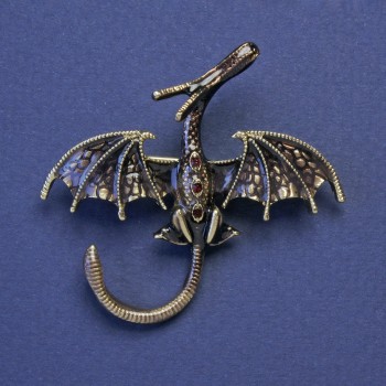 Dragon Brooch-Pendant with Bronze Enamel, Red Crystals, Gold-Tone Metal, 48x45 mm