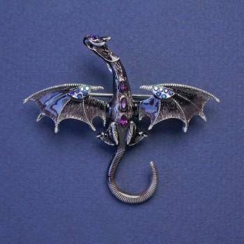 Brooch-pendant 'Dragon' with gray enamel and purple crystals, silver-tone metal, 50×57mm +