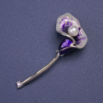 Brooch-pendant 'Viburnum Flower' Purple Enamel 52×23 mm Silver-tone Metal