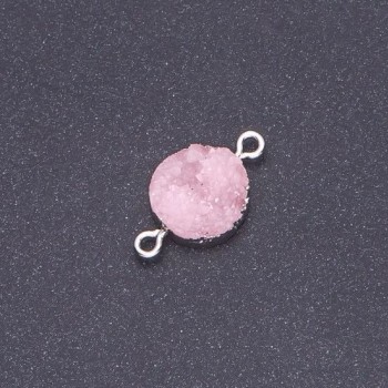 Pink Druzy Connector, Acrylic, Silver, 14 mm diameter, 3 mm length