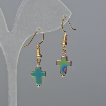 Hematite Earrings 'Cross' in a Chameleon Color, diameter 8.5×10.5 mm+-, length 3 cm+