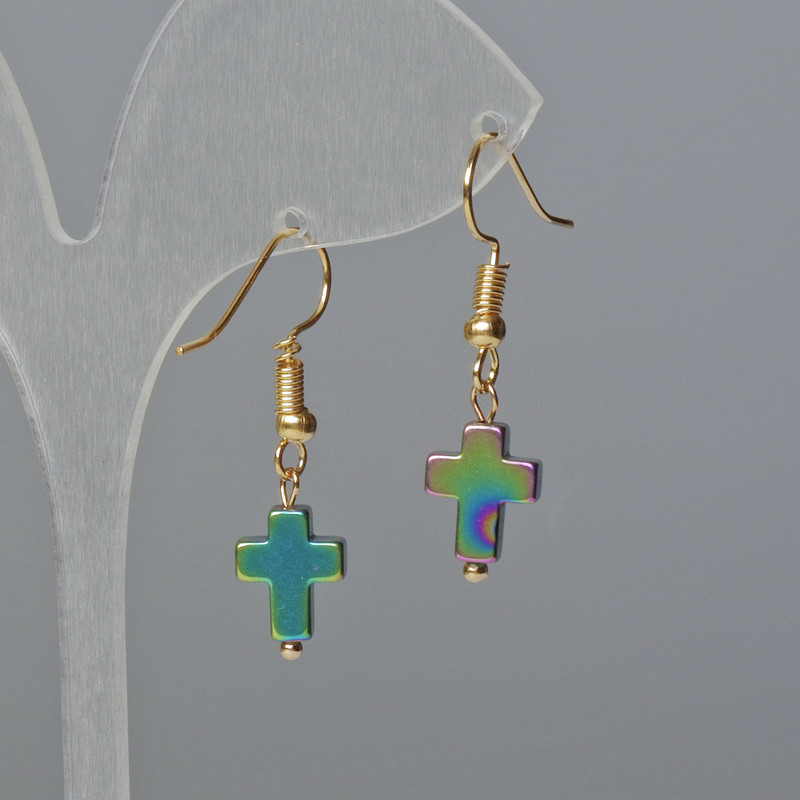 Hematite Earrings 'Cross' in a Chameleon Color, diameter 8.5×10.5 mm+-, length 3 cm+