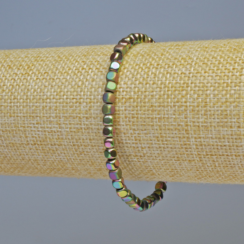 Hematite Bracelet with Rainbow-Colored Cubes, Matte and Glossy, 4x4 mm, 18 cm Length, Stretch