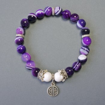 Eye Agate Bracelet Purple and White, Smooth Beads with Metal Inlays, 8mm Diameter +/-, 18cm Length +/-, Stretch