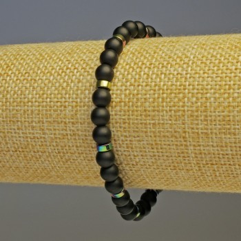 Браслет Шунгіт гладка кулька, діаметр 6мм+-Гематит райдужний шайба, діаметр 5х2мм+, довжина 18см стрейч