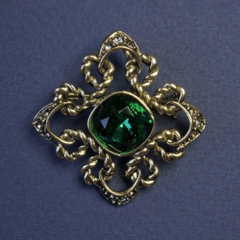Accent Brooch-Pendant with a Green Crystal and Rhinestones, 40 mm+