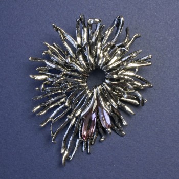 Brooch-Pendant Flower with Pink Crystals, Silver-Toned Metal 70x55mm+