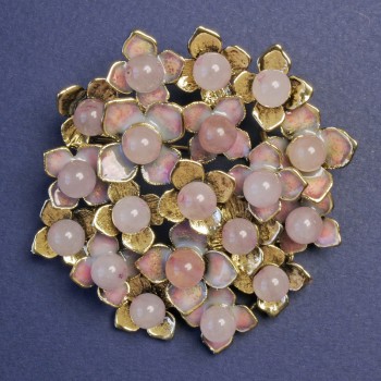 Brooch pendant Flowers with Rose Quartz, enamel, gold-toned metal 60x62 mm+