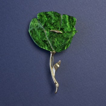 Green Pearlescent Poppy Brooch with Glitter on Gold-Tone Metal 76x46 mm