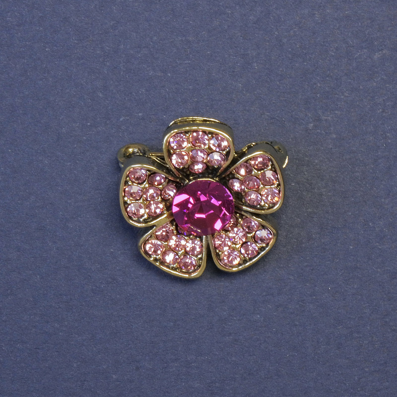 Brooch: Flower with Pink Crystals, 20 mm ± Silver-Toned Metal