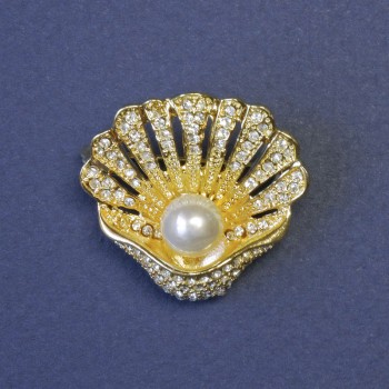 Shell with White Pearl Brooch, Crystals Encrusted, 28x28 mm, Gold-Tone Metal