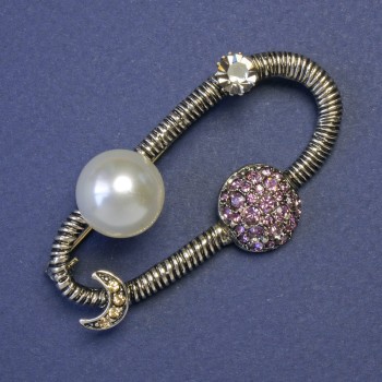 Brooch Orbit with Planets, White Pearl (man-made), Pink Rhinestones, 53×32 mm, Silver-tone Metal