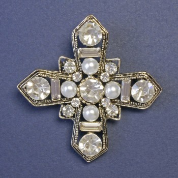 Brooch Maltese Cross Adorned with White Pearls and Rhinestones, 52x52 mm ± Silver-Tone Metal