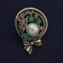 Boutonniere Brooch with White Pearl and Green Rhinestones 50x34mm ± Silver-Tone Metal