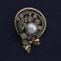 Boutonniere Brooch with Gray Pearl and Pink Rhinestones, 50x34 mm, Silvery Metal