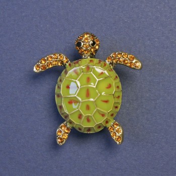 Brooch 'Turtle' with green enamel and yellow rhinestones, golden metal, 33×33 mm+