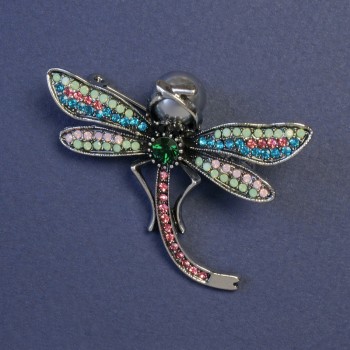 Butterfly Brooch with Multicolored Rhinestones and Gray Pearl, Gray Metal 49x40mm+