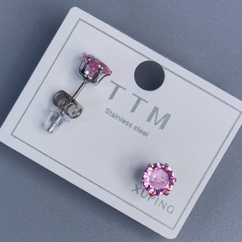 Xuping stud earrings with pink stone, rhodium-plated, 6mm